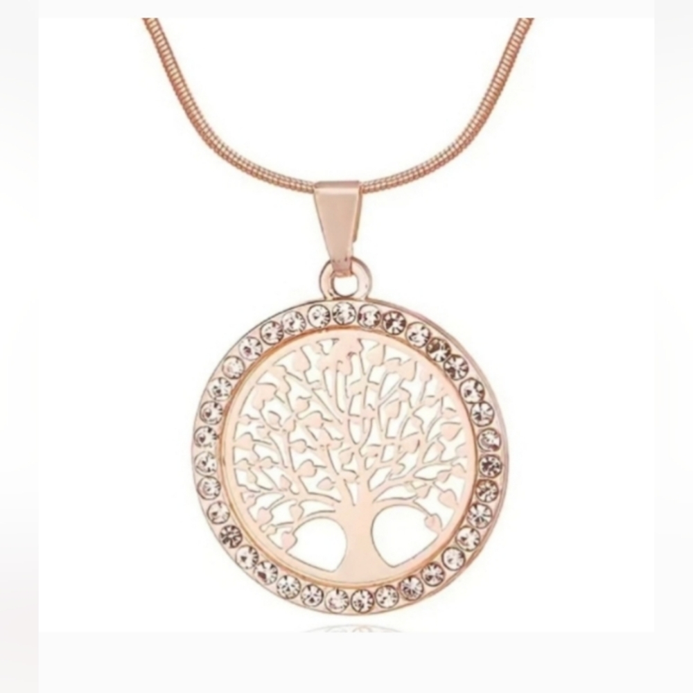 Elegant Rose Gold "Tree of Life" Necklace Crystal Rhinestone accents. Bling NEW